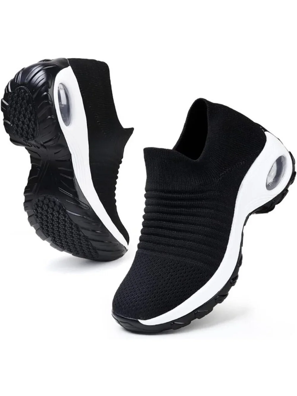Women's Black White Arch Support Non Slip Breathable Knit Upper Sneaker Shoes